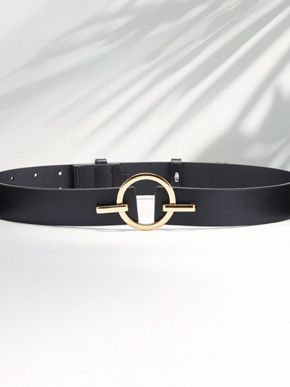 Black Leather Belt with Gold Circle Buckle
